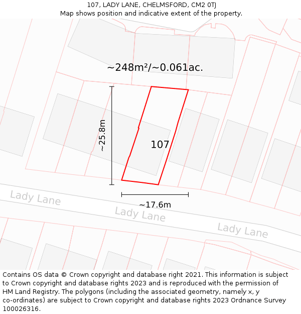 107, LADY LANE, CHELMSFORD, CM2 0TJ: Plot and title map