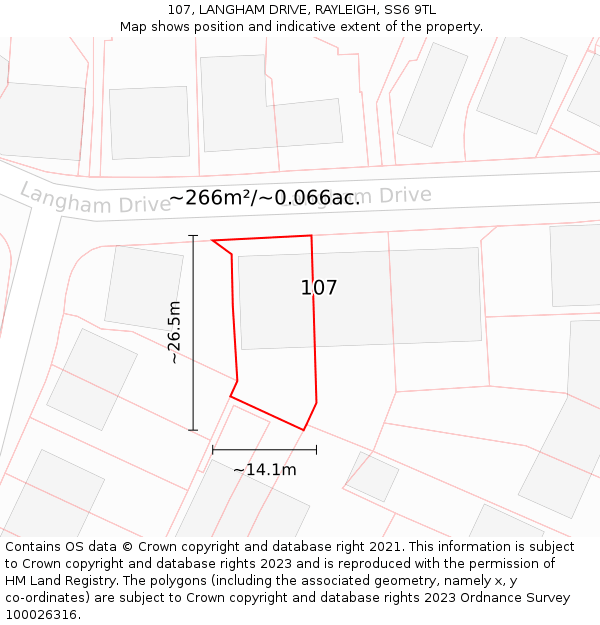 107, LANGHAM DRIVE, RAYLEIGH, SS6 9TL: Plot and title map