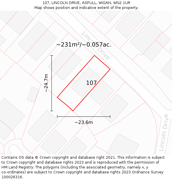 107, LINCOLN DRIVE, ASPULL, WIGAN, WN2 1UR: Plot and title map