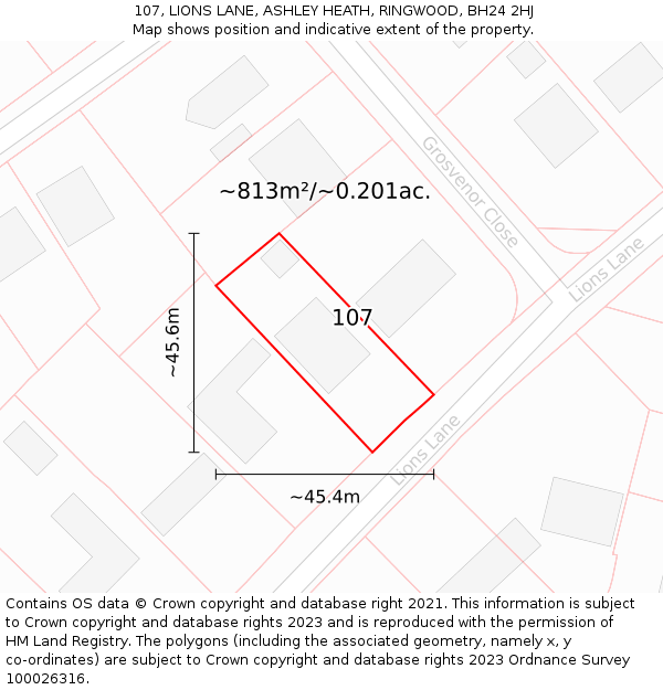 107, LIONS LANE, ASHLEY HEATH, RINGWOOD, BH24 2HJ: Plot and title map