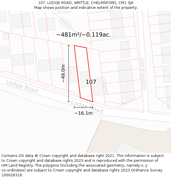 107, LODGE ROAD, WRITTLE, CHELMSFORD, CM1 3JA: Plot and title map