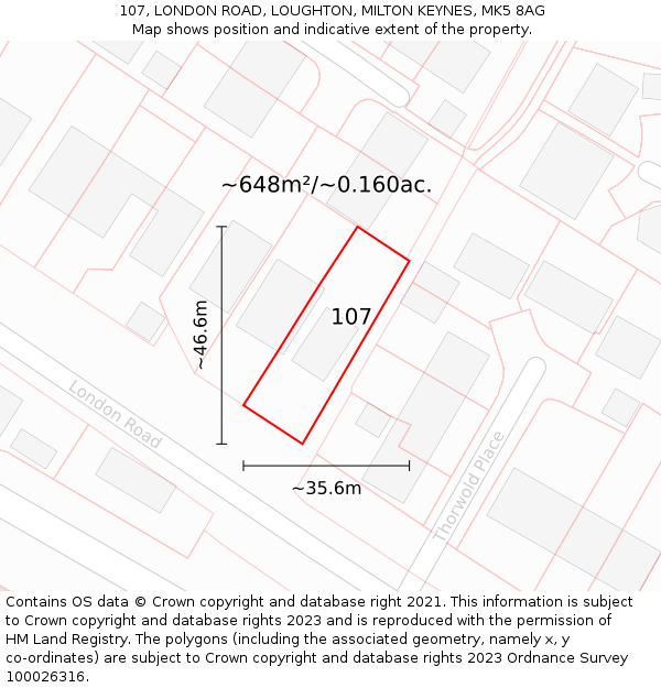 107, LONDON ROAD, LOUGHTON, MILTON KEYNES, MK5 8AG: Plot and title map