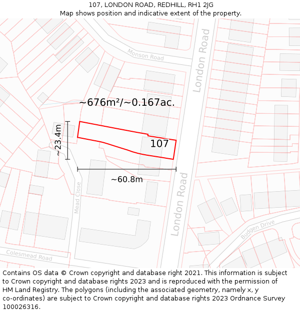 107, LONDON ROAD, REDHILL, RH1 2JG: Plot and title map