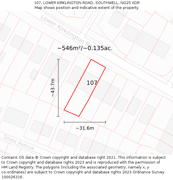 107, LOWER KIRKLINGTON ROAD, SOUTHWELL, NG25 0DR: Plot and title map