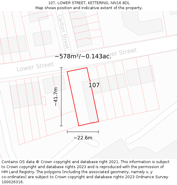 107, LOWER STREET, KETTERING, NN16 8DL: Plot and title map