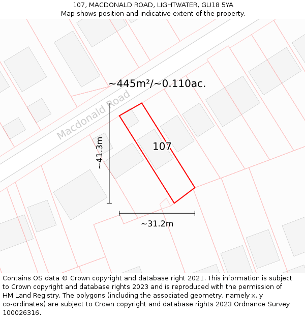 107, MACDONALD ROAD, LIGHTWATER, GU18 5YA: Plot and title map