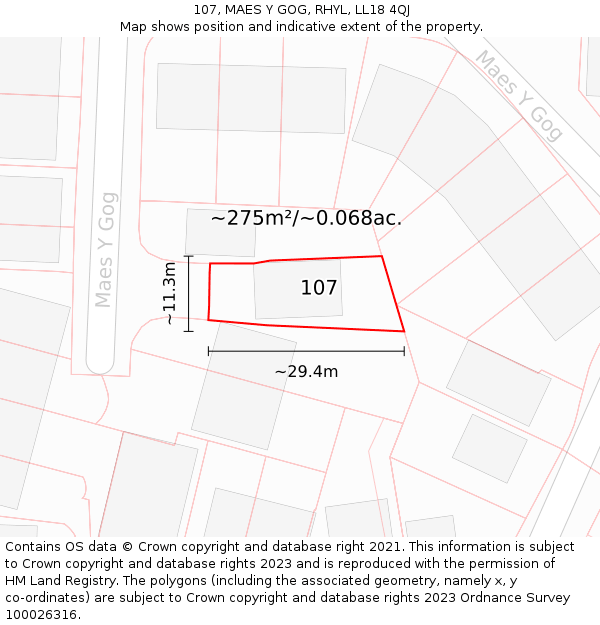 107, MAES Y GOG, RHYL, LL18 4QJ: Plot and title map