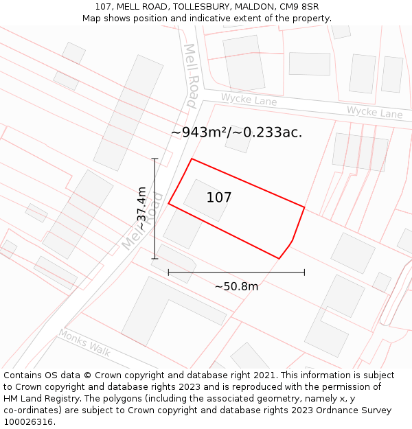 107, MELL ROAD, TOLLESBURY, MALDON, CM9 8SR: Plot and title map