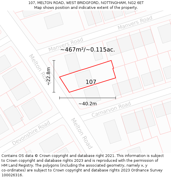 107, MELTON ROAD, WEST BRIDGFORD, NOTTINGHAM, NG2 6ET: Plot and title map