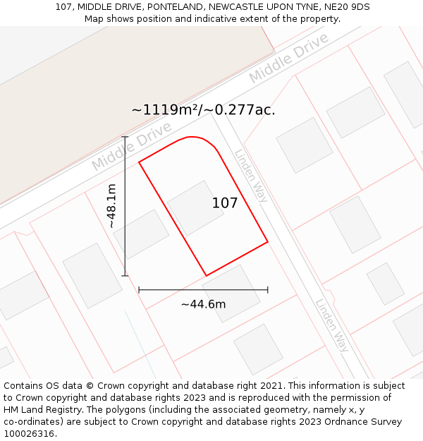 107, MIDDLE DRIVE, PONTELAND, NEWCASTLE UPON TYNE, NE20 9DS: Plot and title map