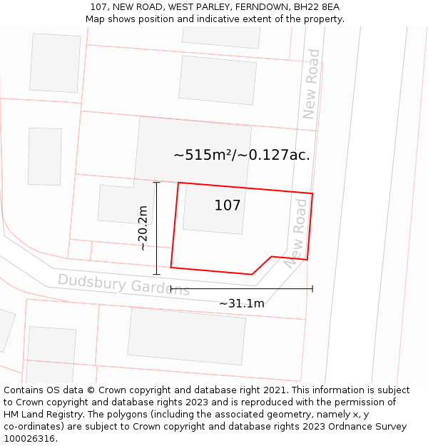 107, NEW ROAD, WEST PARLEY, FERNDOWN, BH22 8EA: Plot and title map