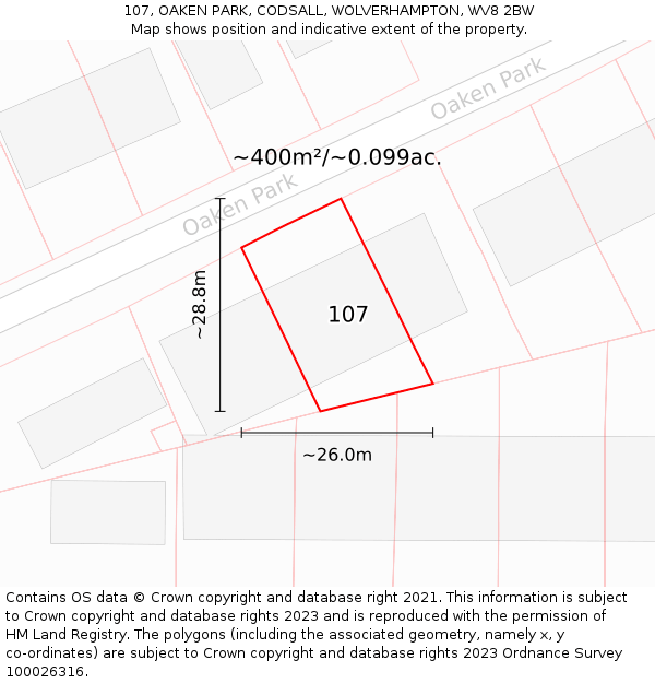 107, OAKEN PARK, CODSALL, WOLVERHAMPTON, WV8 2BW: Plot and title map