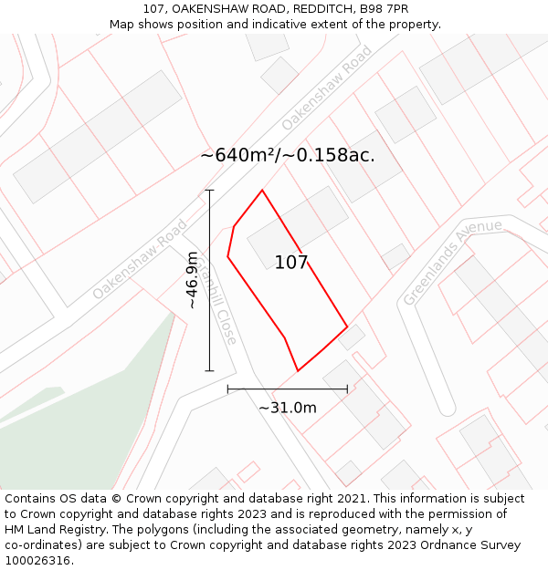 107, OAKENSHAW ROAD, REDDITCH, B98 7PR: Plot and title map