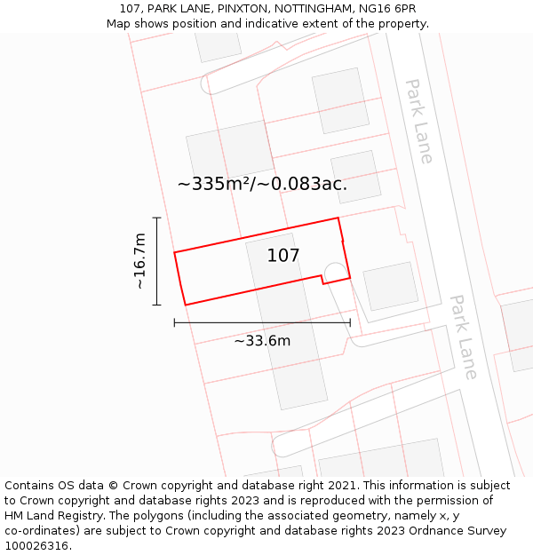 107, PARK LANE, PINXTON, NOTTINGHAM, NG16 6PR: Plot and title map