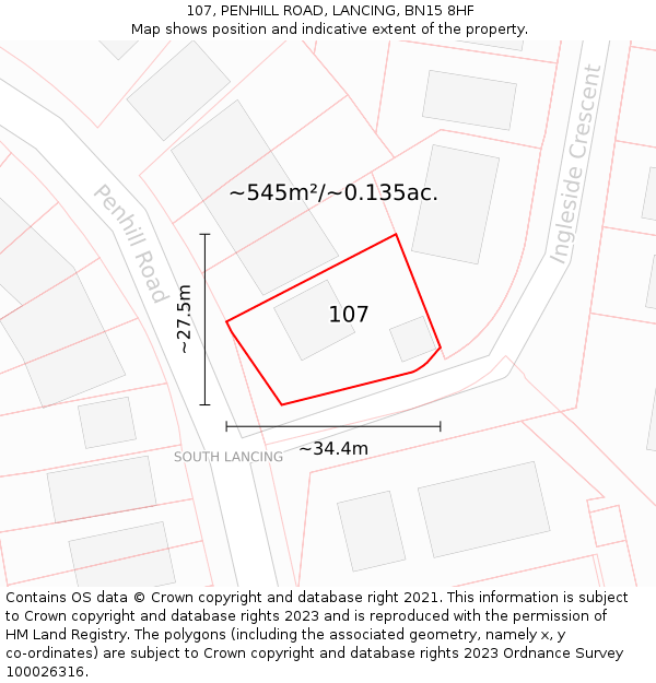 107, PENHILL ROAD, LANCING, BN15 8HF: Plot and title map