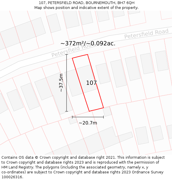 107, PETERSFIELD ROAD, BOURNEMOUTH, BH7 6QH: Plot and title map