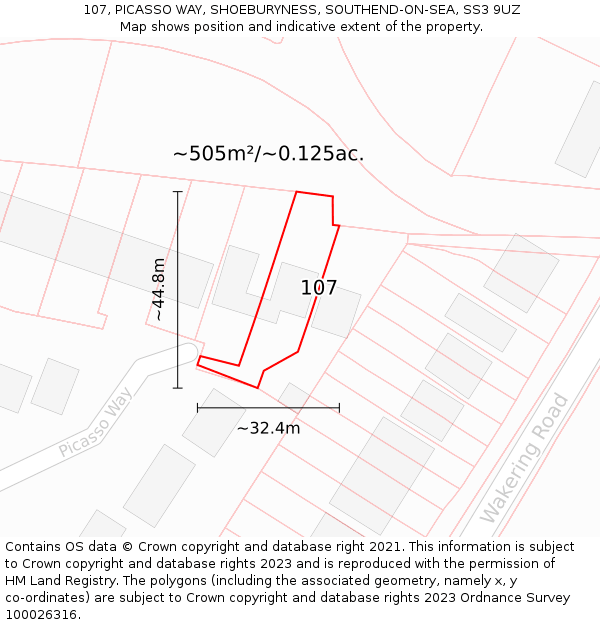 107, PICASSO WAY, SHOEBURYNESS, SOUTHEND-ON-SEA, SS3 9UZ: Plot and title map