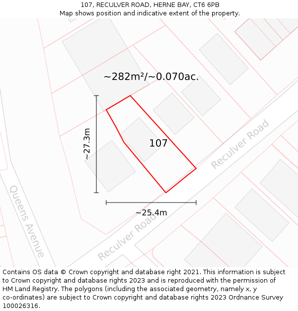 107, RECULVER ROAD, HERNE BAY, CT6 6PB: Plot and title map