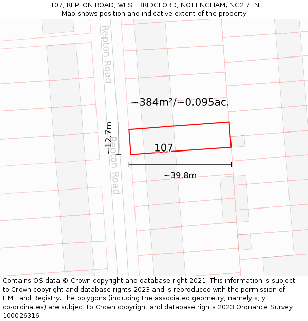 107, REPTON ROAD, WEST BRIDGFORD, NOTTINGHAM, NG2 7EN: Plot and title map