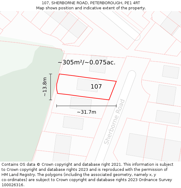 107, SHERBORNE ROAD, PETERBOROUGH, PE1 4RT: Plot and title map