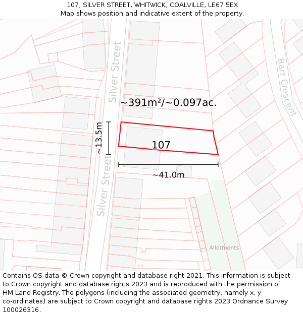 107, SILVER STREET, WHITWICK, COALVILLE, LE67 5EX: Plot and title map