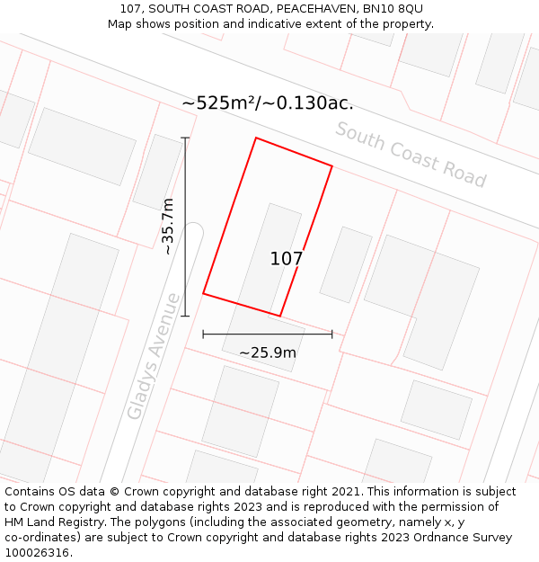 107, SOUTH COAST ROAD, PEACEHAVEN, BN10 8QU: Plot and title map