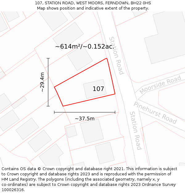 107, STATION ROAD, WEST MOORS, FERNDOWN, BH22 0HS: Plot and title map