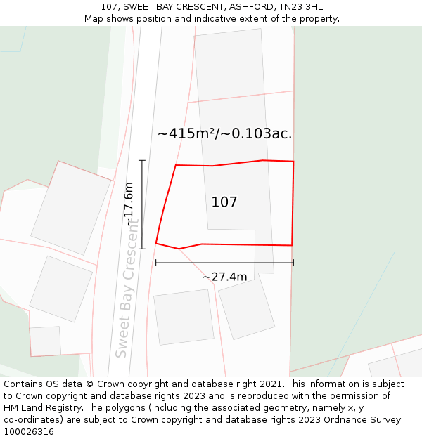107, SWEET BAY CRESCENT, ASHFORD, TN23 3HL: Plot and title map