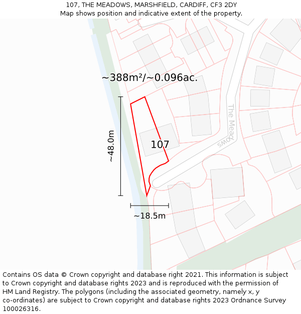 107, THE MEADOWS, MARSHFIELD, CARDIFF, CF3 2DY: Plot and title map