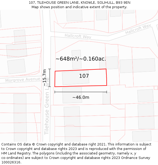 107, TILEHOUSE GREEN LANE, KNOWLE, SOLIHULL, B93 9EN: Plot and title map