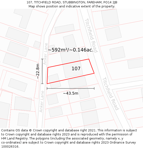 107, TITCHFIELD ROAD, STUBBINGTON, FAREHAM, PO14 2JB: Plot and title map