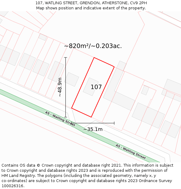 107, WATLING STREET, GRENDON, ATHERSTONE, CV9 2PH: Plot and title map