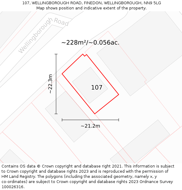 107, WELLINGBOROUGH ROAD, FINEDON, WELLINGBOROUGH, NN9 5LG: Plot and title map