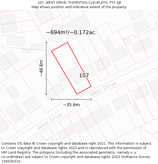 107, WEST DRIVE, THORNTON-CLEVELEYS, FY5 2JE: Plot and title map