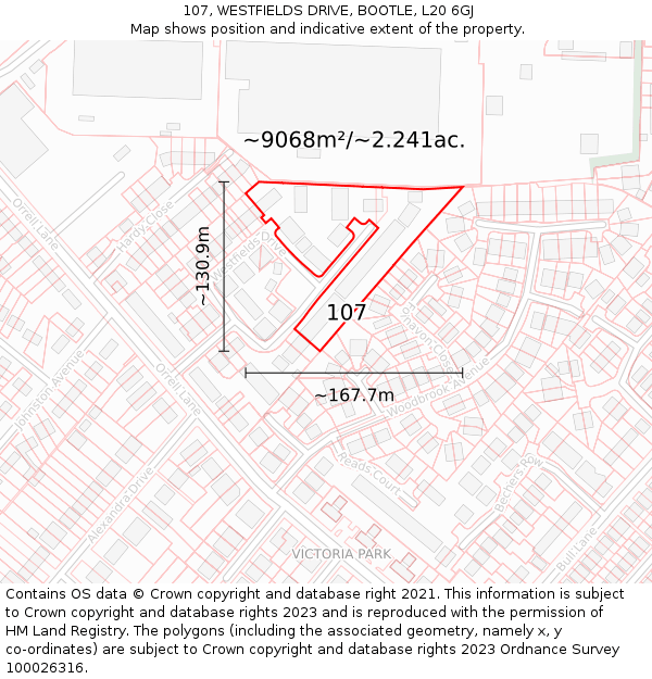 107, WESTFIELDS DRIVE, BOOTLE, L20 6GJ: Plot and title map