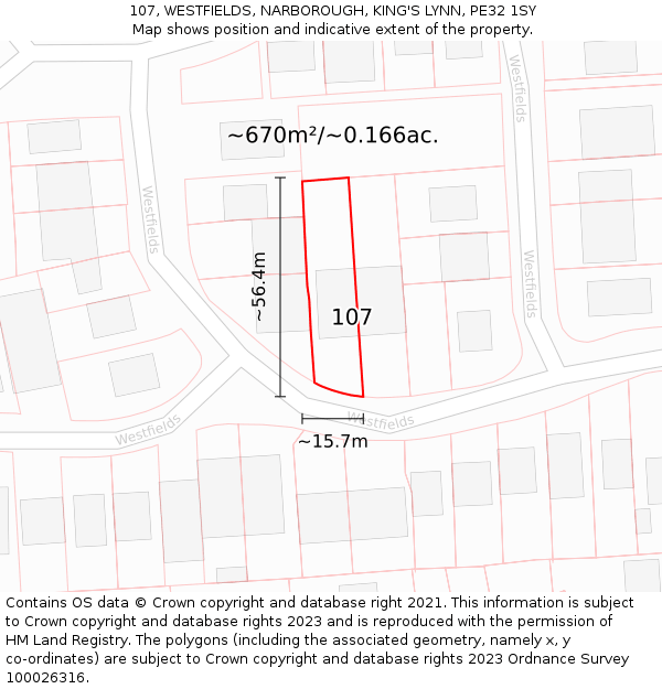 107, WESTFIELDS, NARBOROUGH, KING'S LYNN, PE32 1SY: Plot and title map