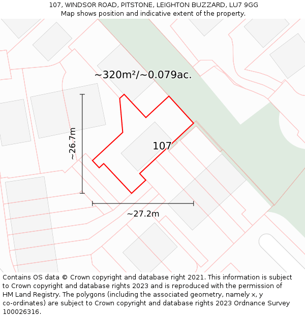 107, WINDSOR ROAD, PITSTONE, LEIGHTON BUZZARD, LU7 9GG: Plot and title map