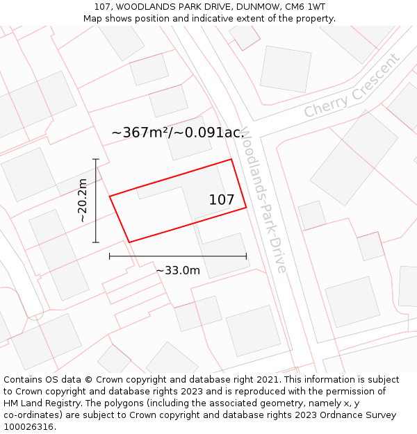 107, WOODLANDS PARK DRIVE, DUNMOW, CM6 1WT: Plot and title map