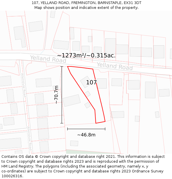 107, YELLAND ROAD, FREMINGTON, BARNSTAPLE, EX31 3DT: Plot and title map