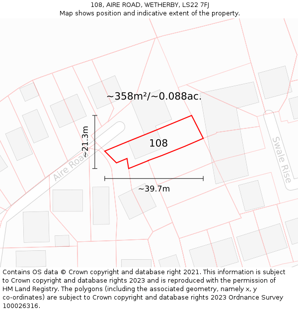 108, AIRE ROAD, WETHERBY, LS22 7FJ: Plot and title map