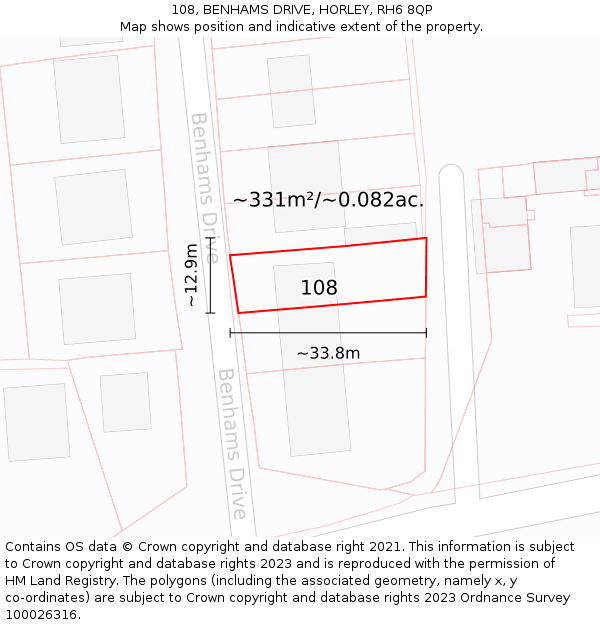 108, BENHAMS DRIVE, HORLEY, RH6 8QP: Plot and title map