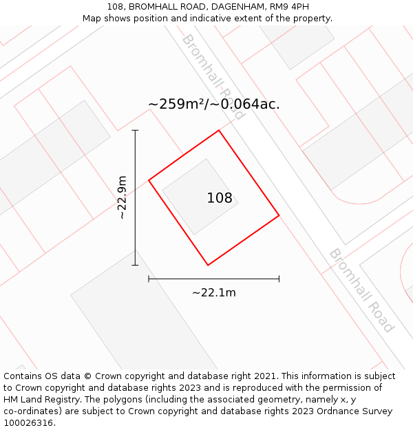 108, BROMHALL ROAD, DAGENHAM, RM9 4PH: Plot and title map