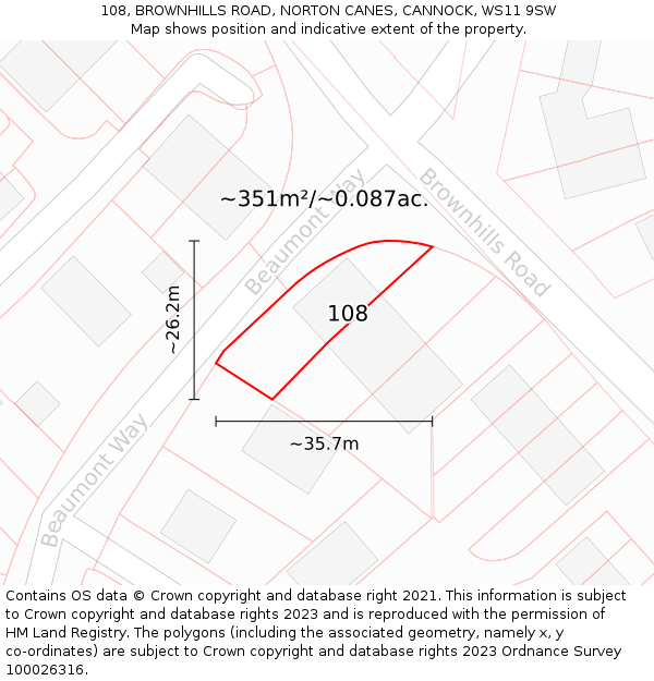 108, BROWNHILLS ROAD, NORTON CANES, CANNOCK, WS11 9SW: Plot and title map