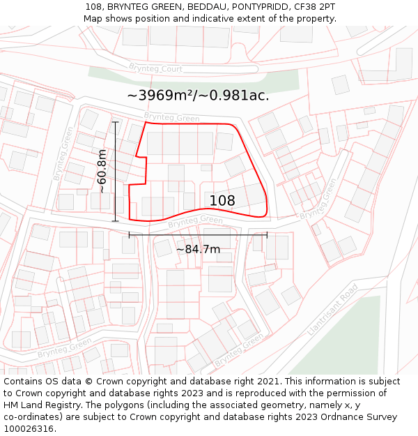 108, BRYNTEG GREEN, BEDDAU, PONTYPRIDD, CF38 2PT: Plot and title map