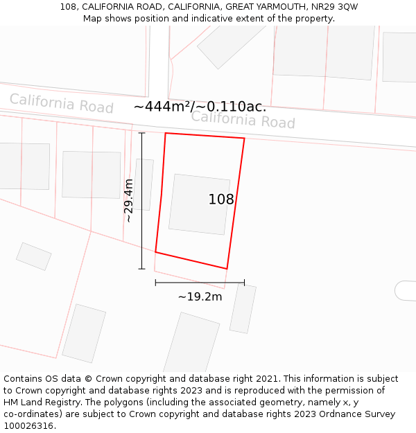 108, CALIFORNIA ROAD, CALIFORNIA, GREAT YARMOUTH, NR29 3QW: Plot and title map