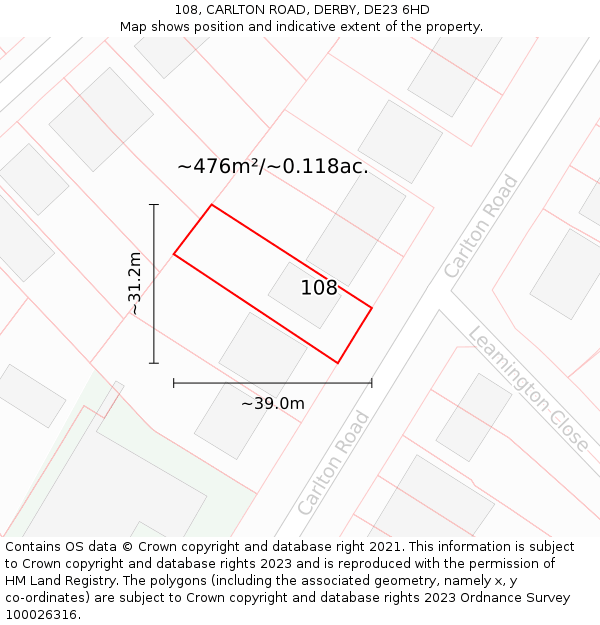 108, CARLTON ROAD, DERBY, DE23 6HD: Plot and title map