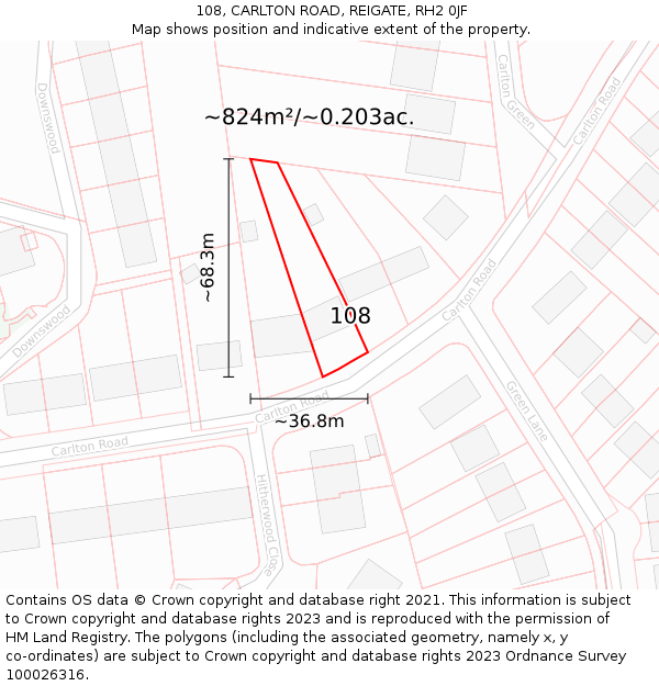 108, CARLTON ROAD, REIGATE, RH2 0JF: Plot and title map