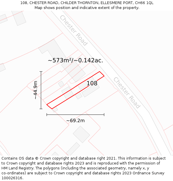 108, CHESTER ROAD, CHILDER THORNTON, ELLESMERE PORT, CH66 1QL: Plot and title map