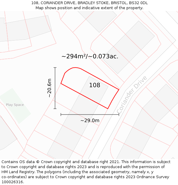 108, CORIANDER DRIVE, BRADLEY STOKE, BRISTOL, BS32 0DL: Plot and title map