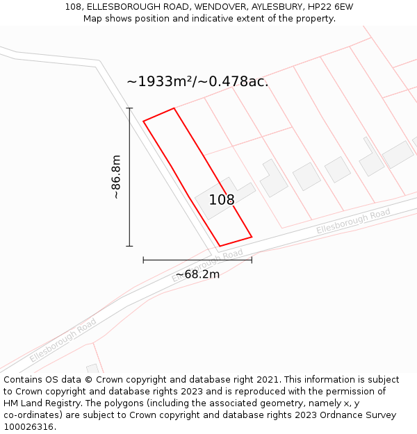 108, ELLESBOROUGH ROAD, WENDOVER, AYLESBURY, HP22 6EW: Plot and title map